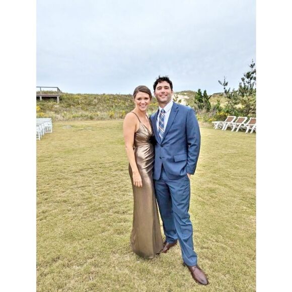 Retrofete Yesi Dress Bronze Gold Metallic Wrap Bodice Gown High Slit Women’s ~ S - Picture 14 of 15